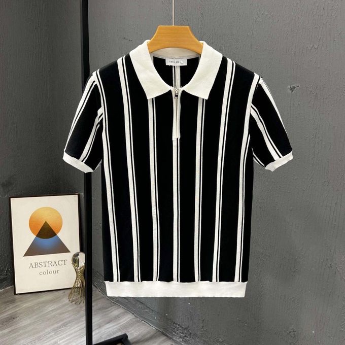 Men's premium vertical striped knitted zip polo shirt – short
